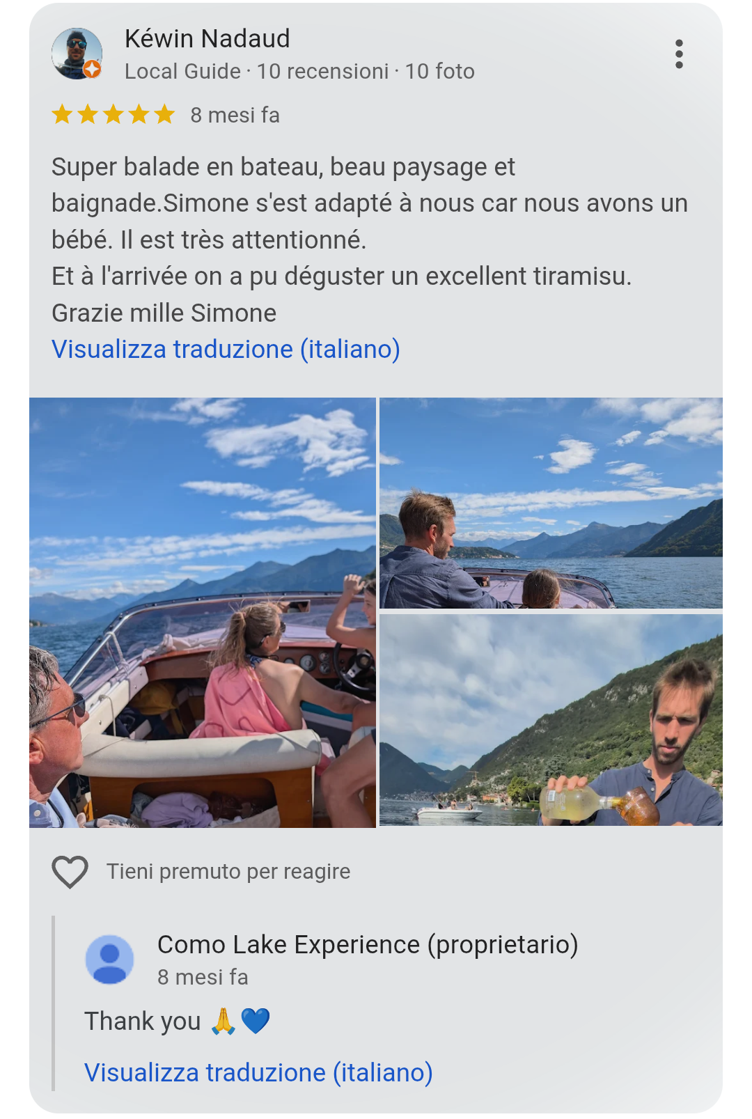 5-star Google review from Kéwin Nadaud — Como Lake Experience