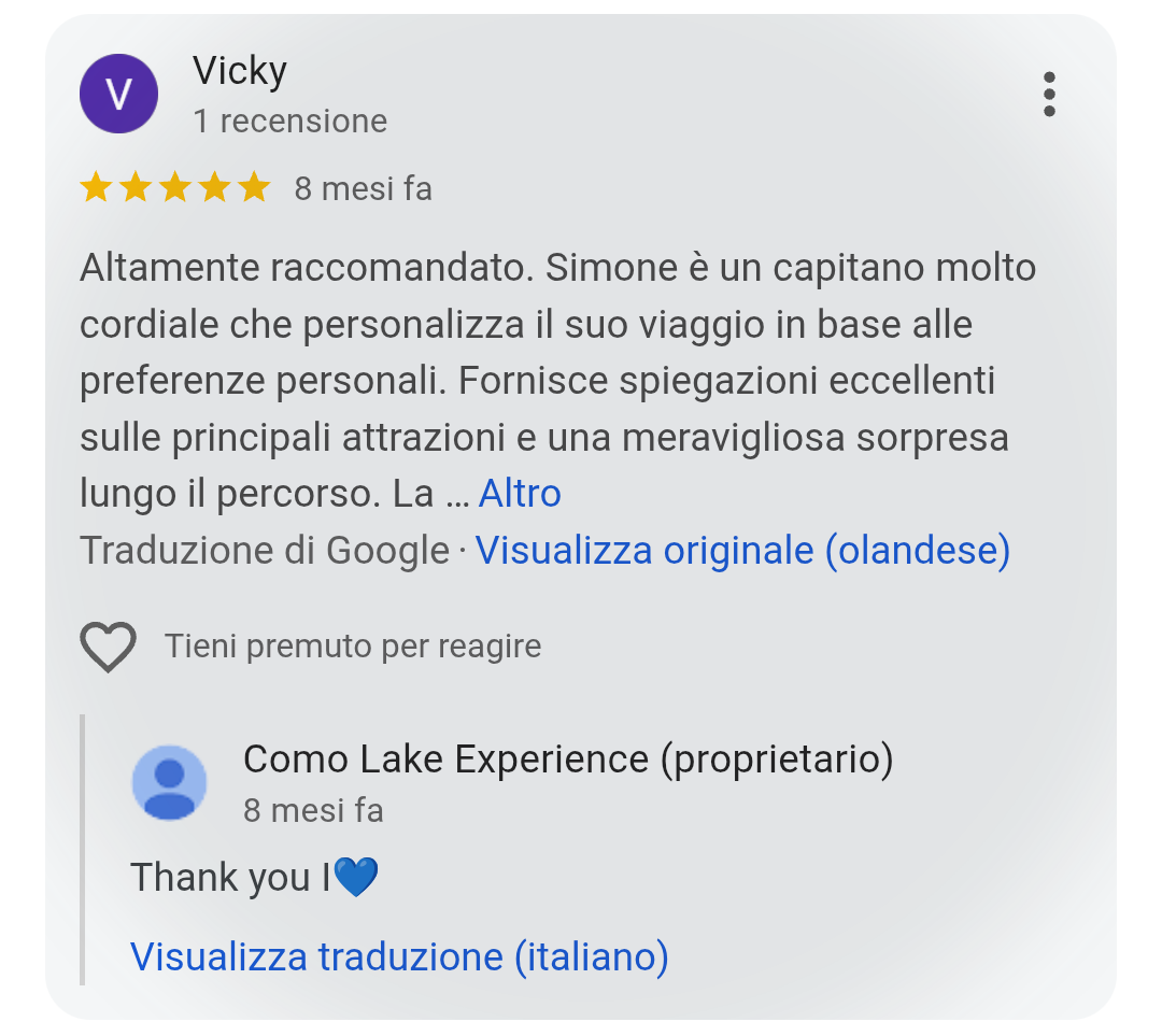5-star Google review from Vicky for Como Lake Experience private boat tours