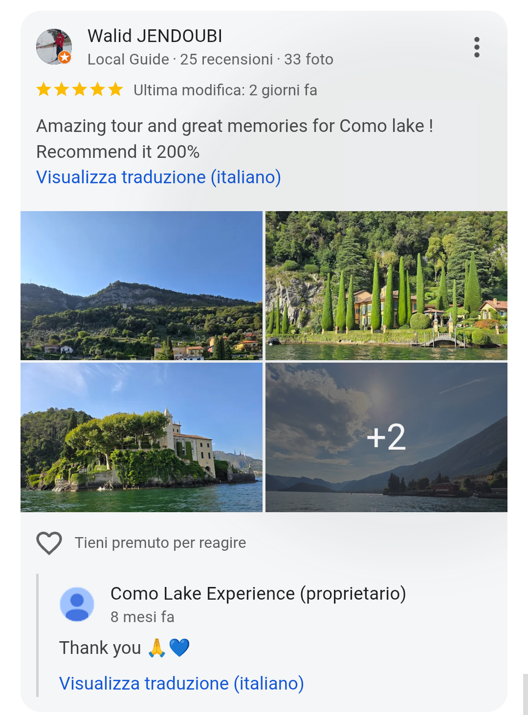 5-star Google review from Walid Jendoubi — Como Lake Experience