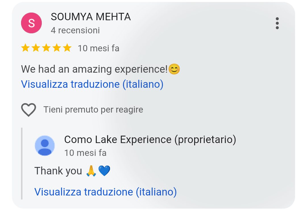5-star Google review from Soumya Mehta for Como Lake Experience private boat tours