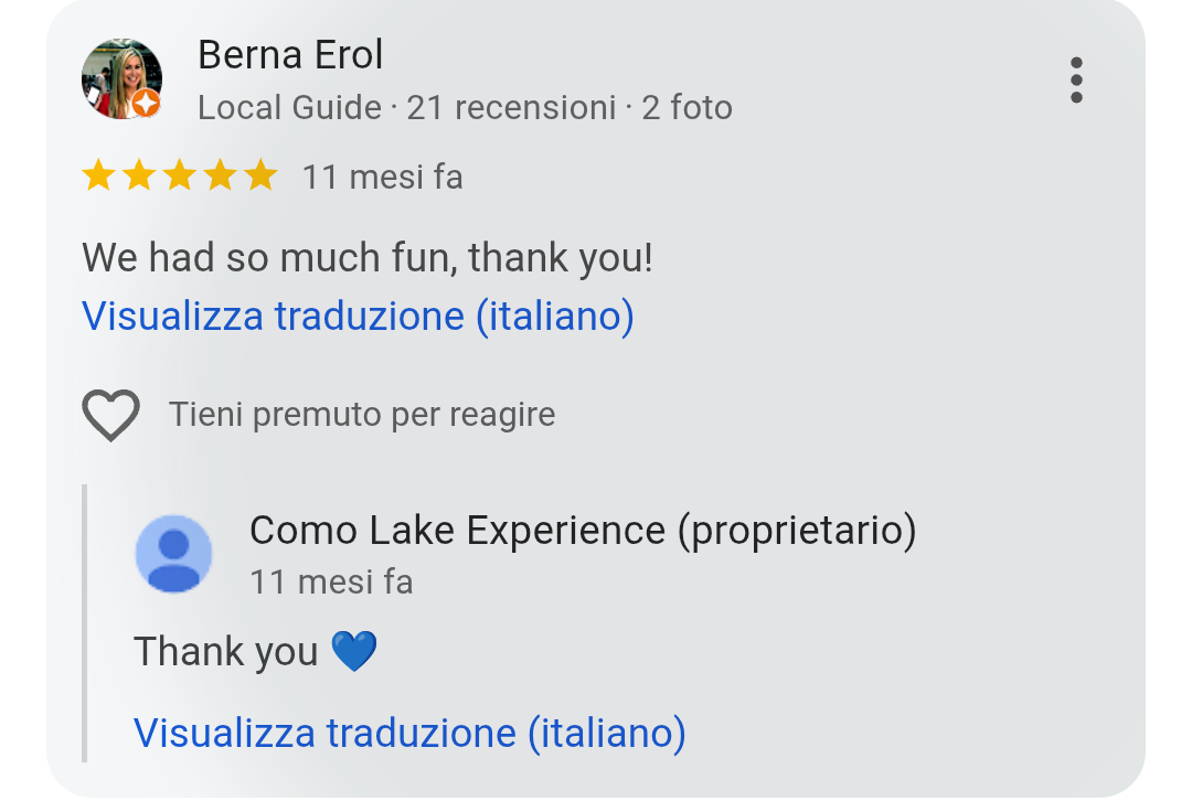 5-star Google review from Berna Erol for Como Lake Experience private boat tours