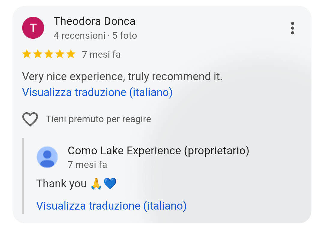 5-star Google review from Theodora Donca for Como Lake Experience private boat tours