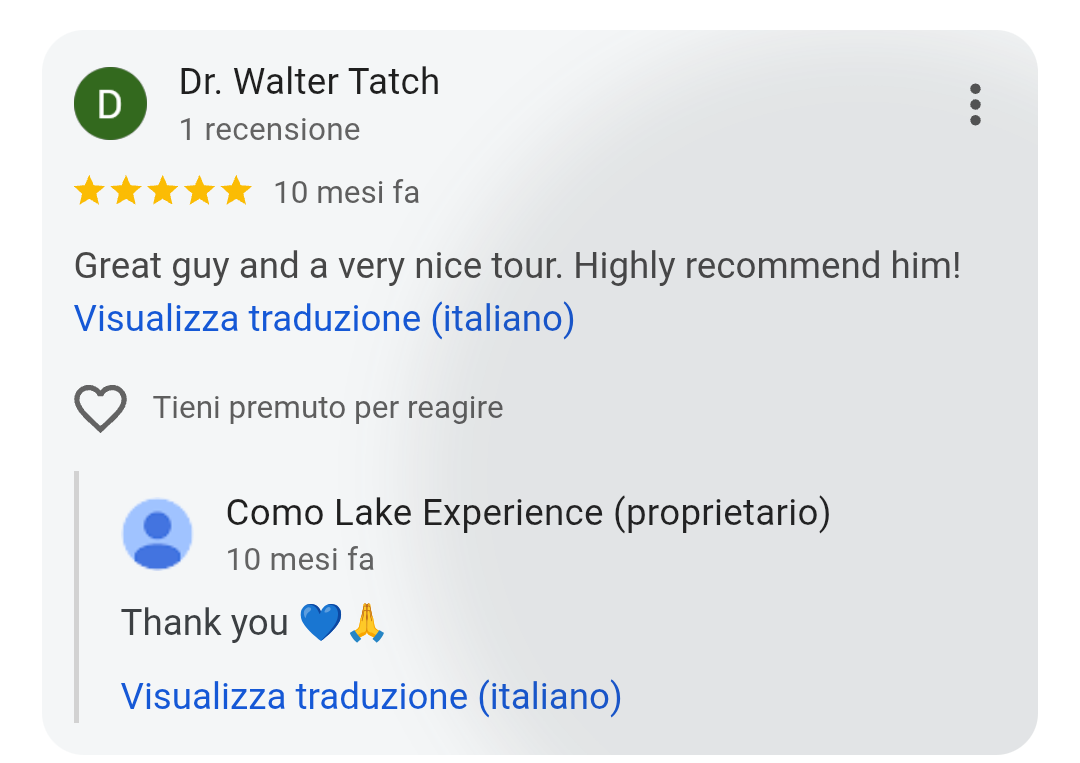 5-star Google review from Dr. Walter Tatch for Como Lake Experience private boat tours