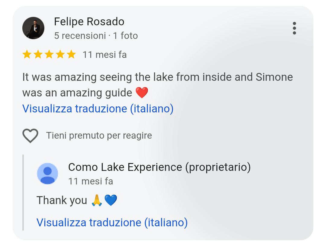 5-star Google review from Felipe Rosado for Como Lake Experience private boat tours
