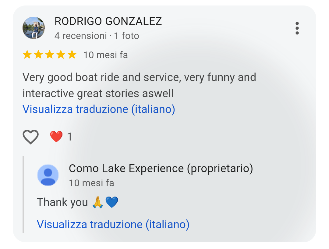 5-star Google review from Rodrigo Gonzalez for Como Lake Experience private boat tours