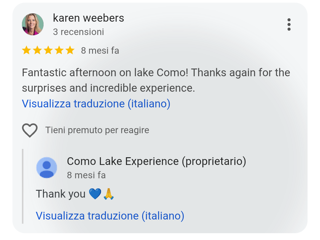 5-star Google review from Karen Weebers for Como Lake Experience private boat tours