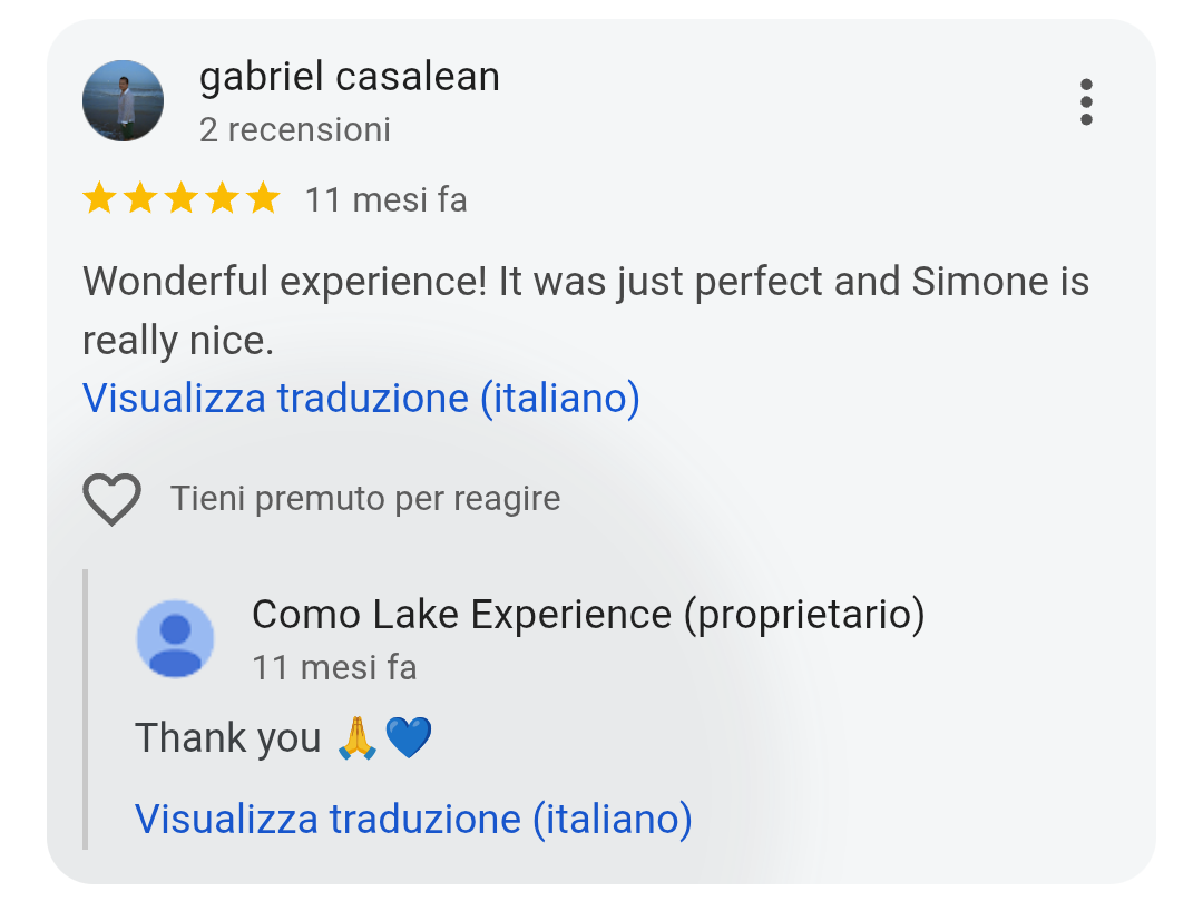 5-star Google review from Gabriel Casalean for Como Lake Experience private boat tours