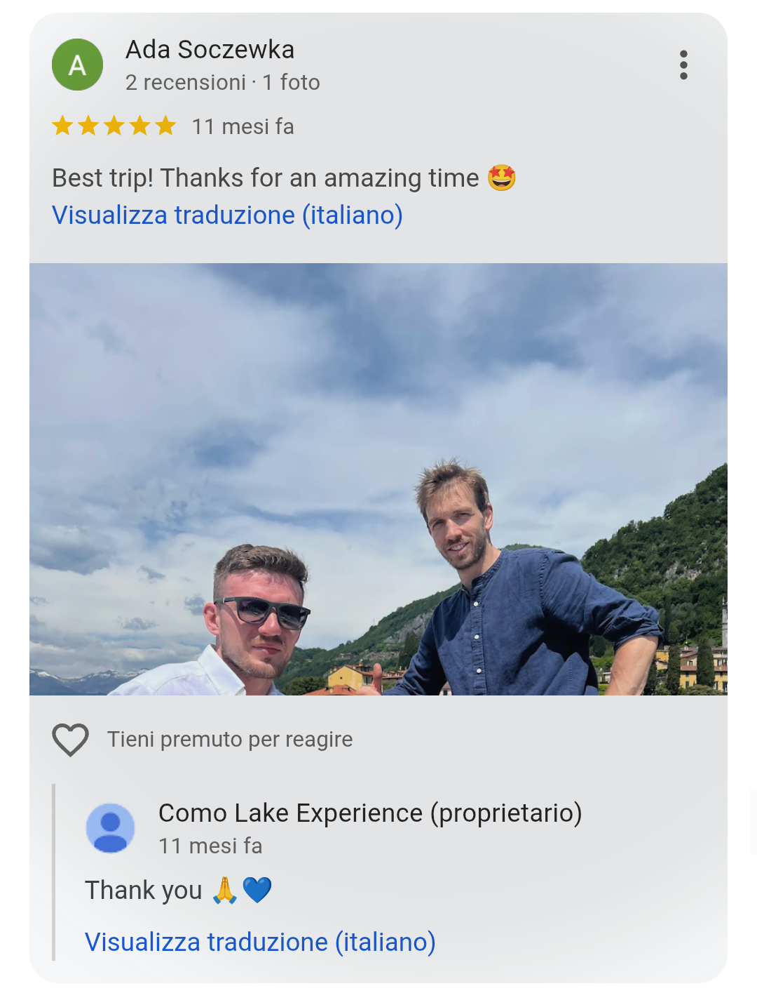 5-star Google review from Ada Soczewka — Como Lake Experience