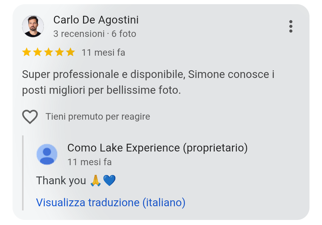 5-star Google review from Carlo De Agostini for Como Lake Experience private boat tours