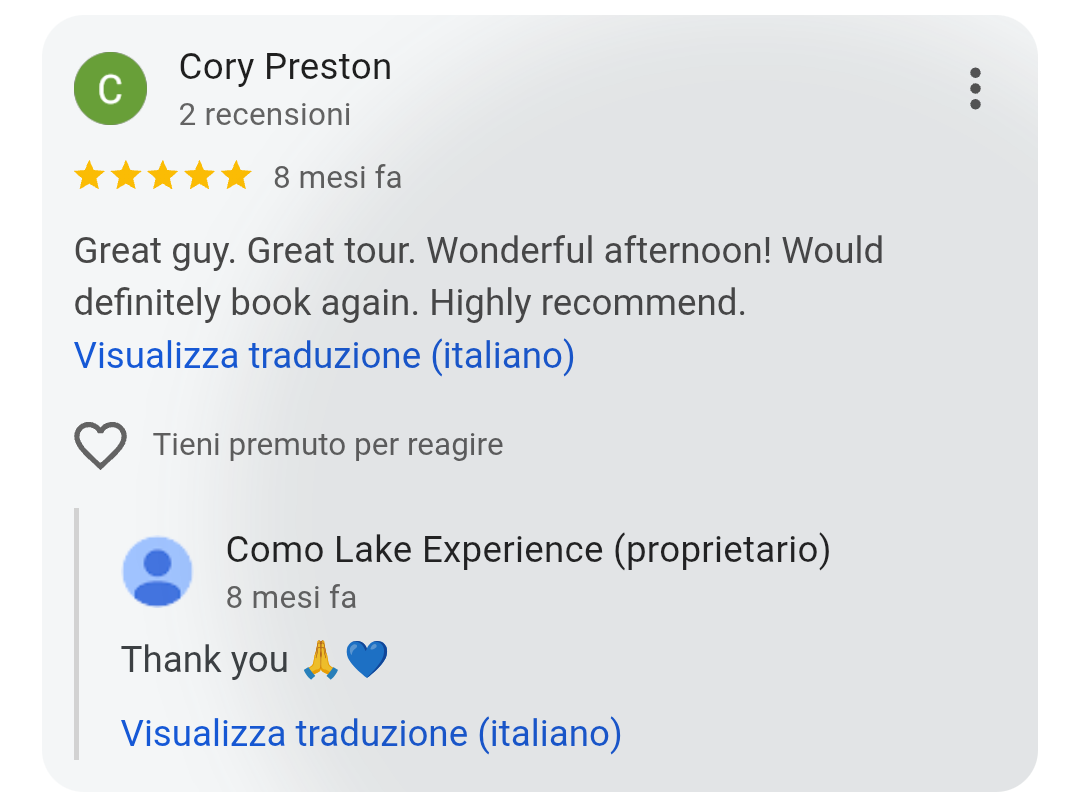 5-star Google review from Cory Preston for Como Lake Experience private boat tours