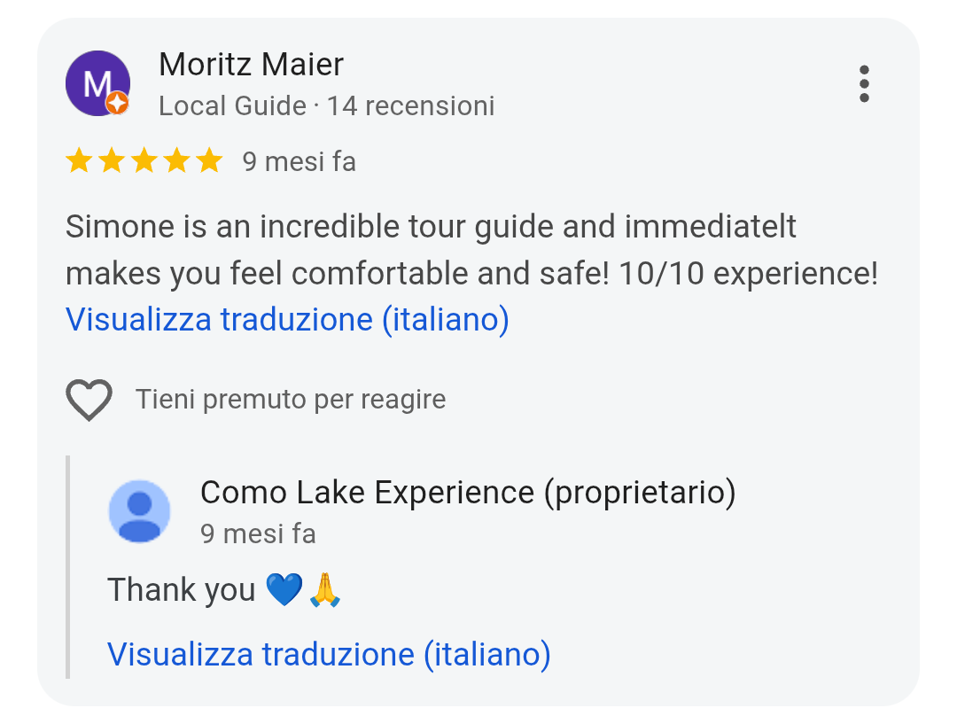 5-star Google review from Moritz Maier for Como Lake Experience private boat tours
