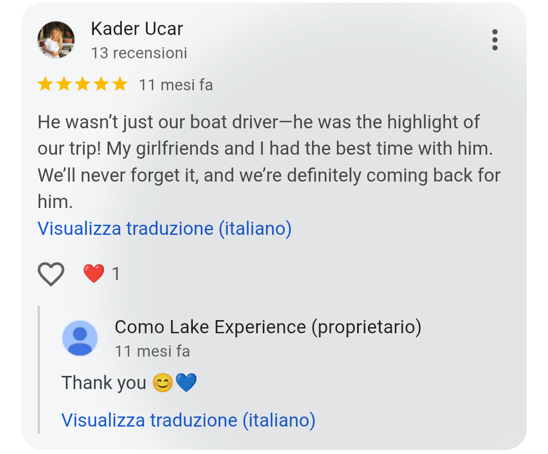 5-star Google review from Kader Ucar for Como Lake Experience private boat tours