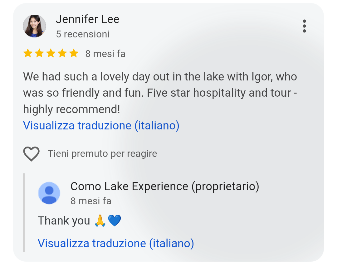 5-star Google review from Jennifer Lee for Como Lake Experience private boat tours