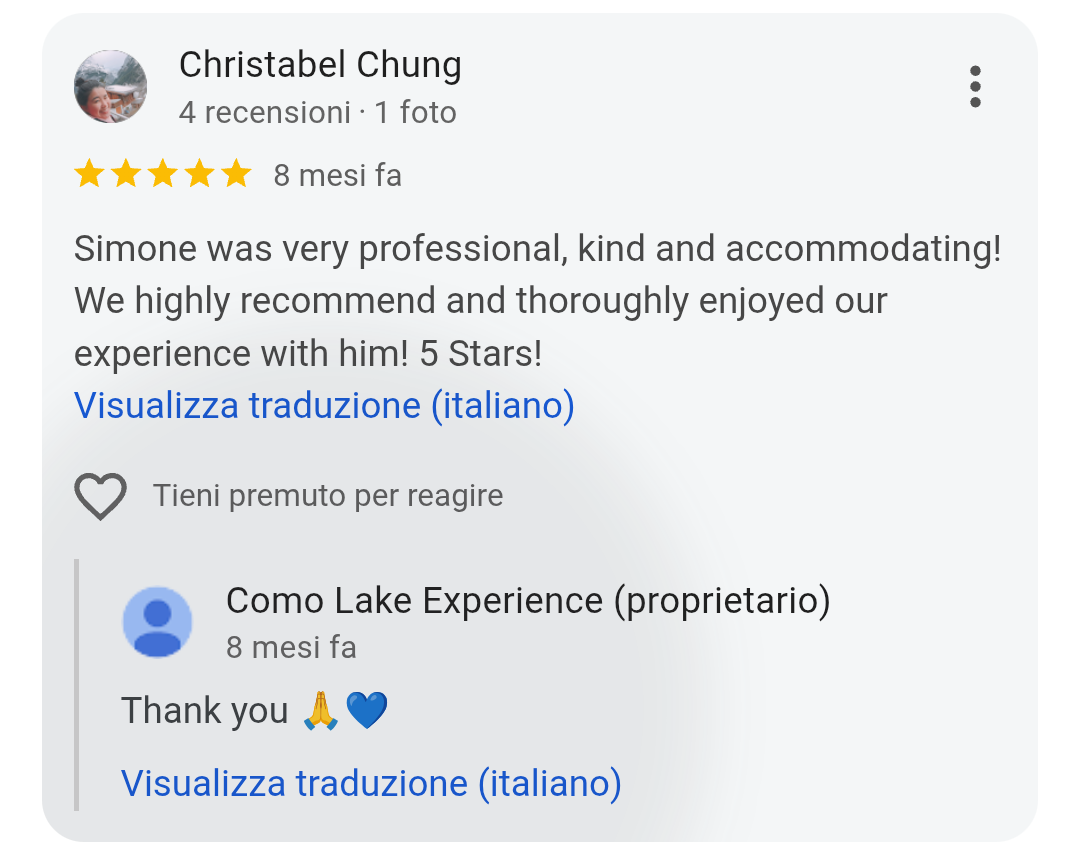 5-star Google review from Christabel Chung for Como Lake Experience private boat tours