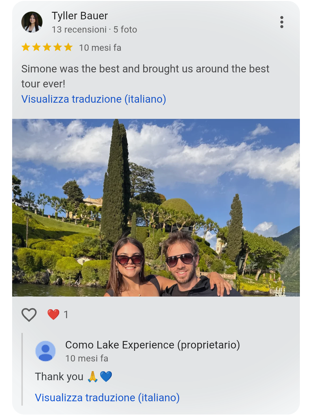 5-star Google review from Tyller Bauer — Como Lake Experience
