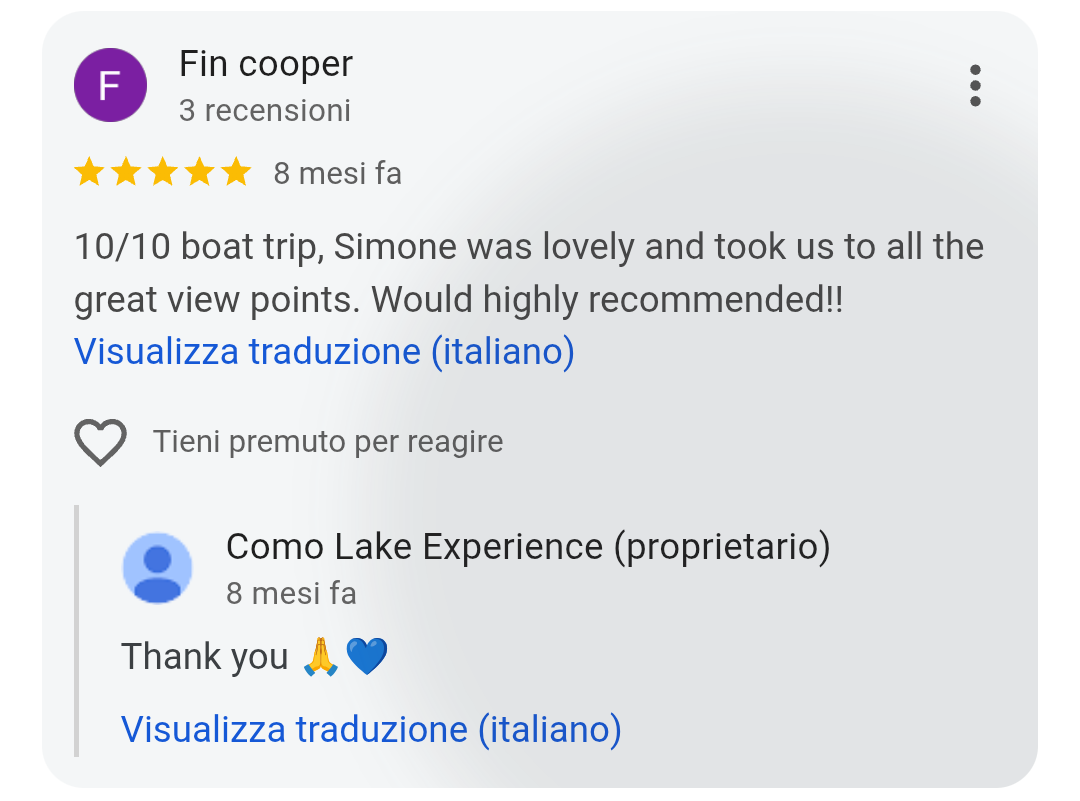 5-star Google review from Fin Cooper for Como Lake Experience private boat tours