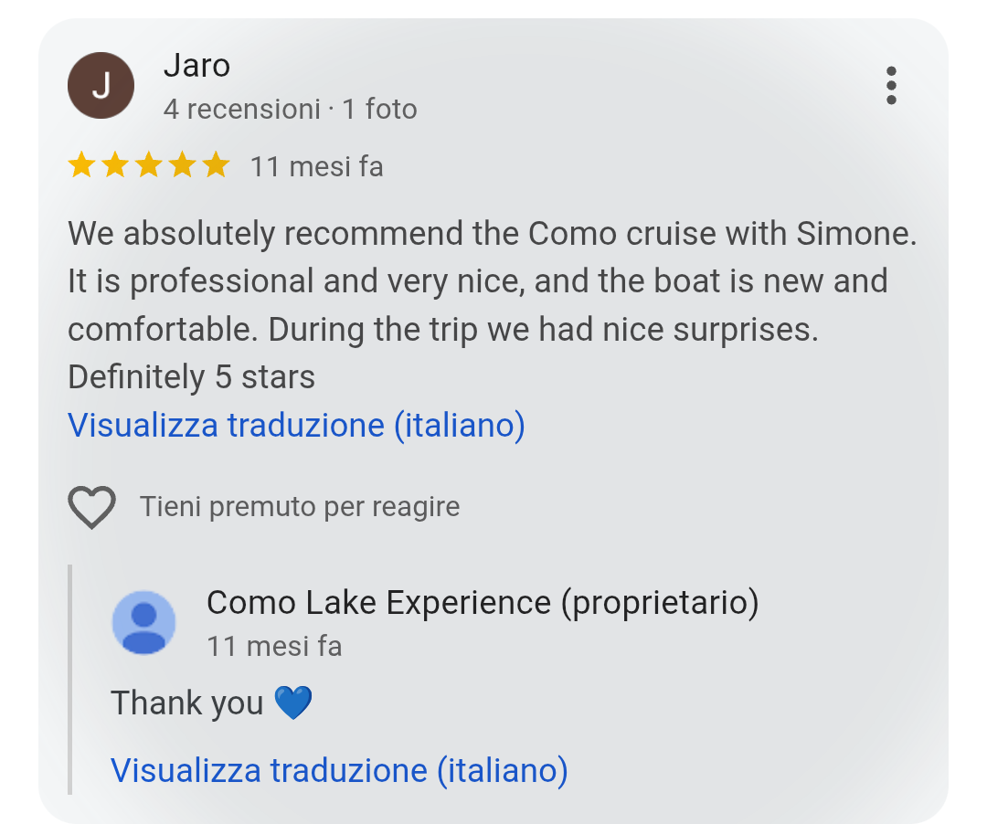 5-star Google review from Jaro for Como Lake Experience private boat tours