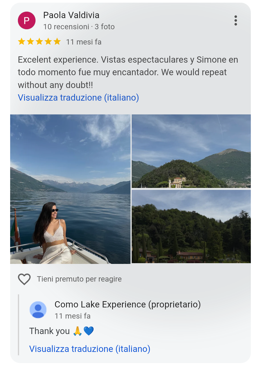 5-star Google review from Paola Valdivia — Como Lake Experience