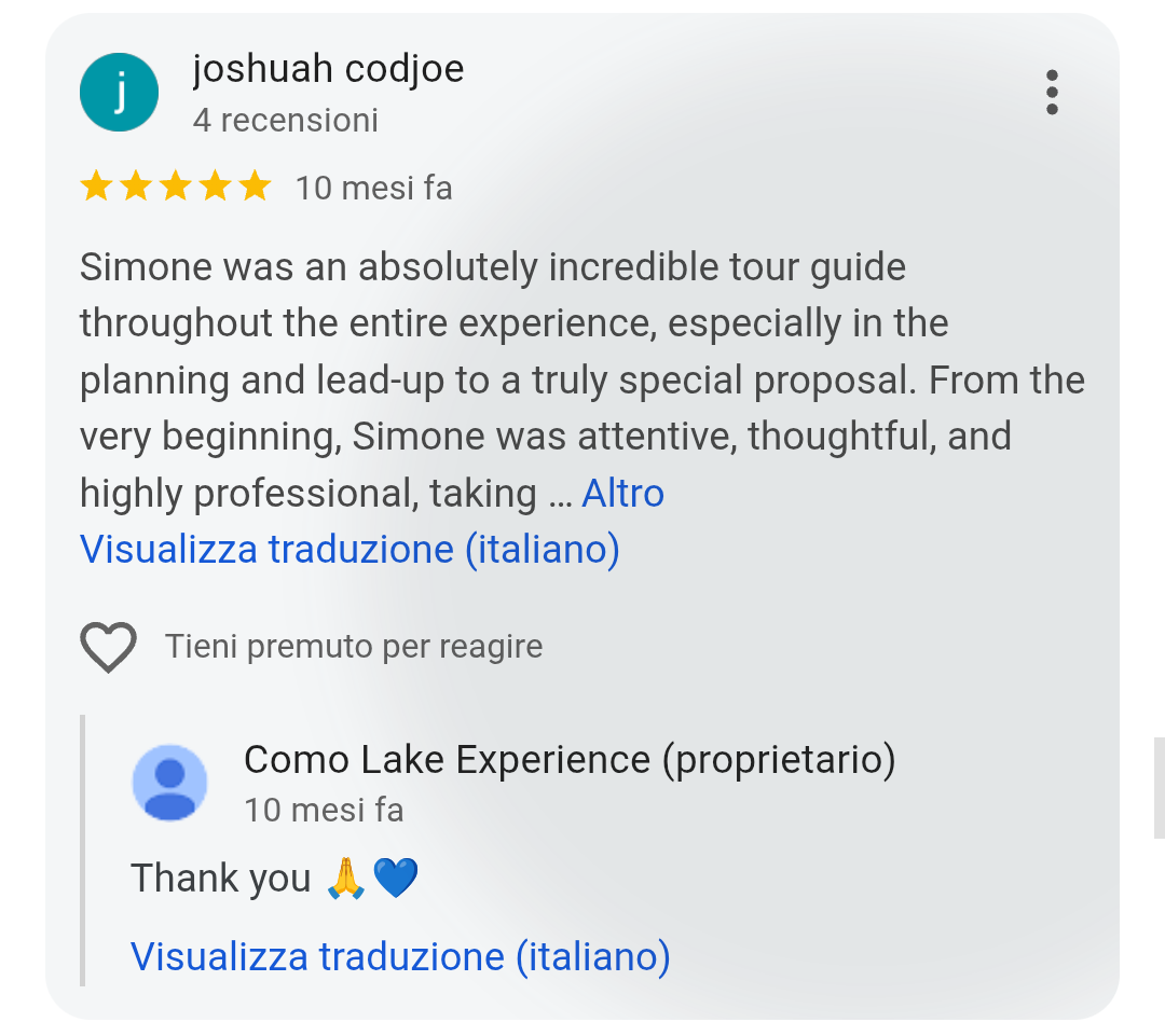 5-star Google review from Joshuah Codjoe for Como Lake Experience private boat tours