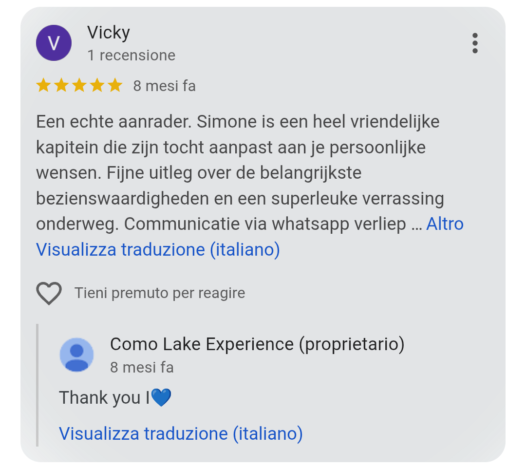 5-star Google review from Vicky for Como Lake Experience private boat tours