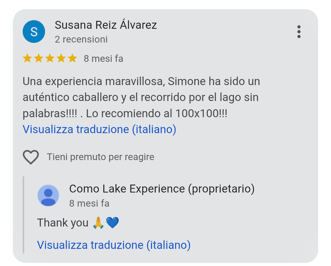 5-star Google review from Susana Reiz Álvarez for Como Lake Experience private boat tours
