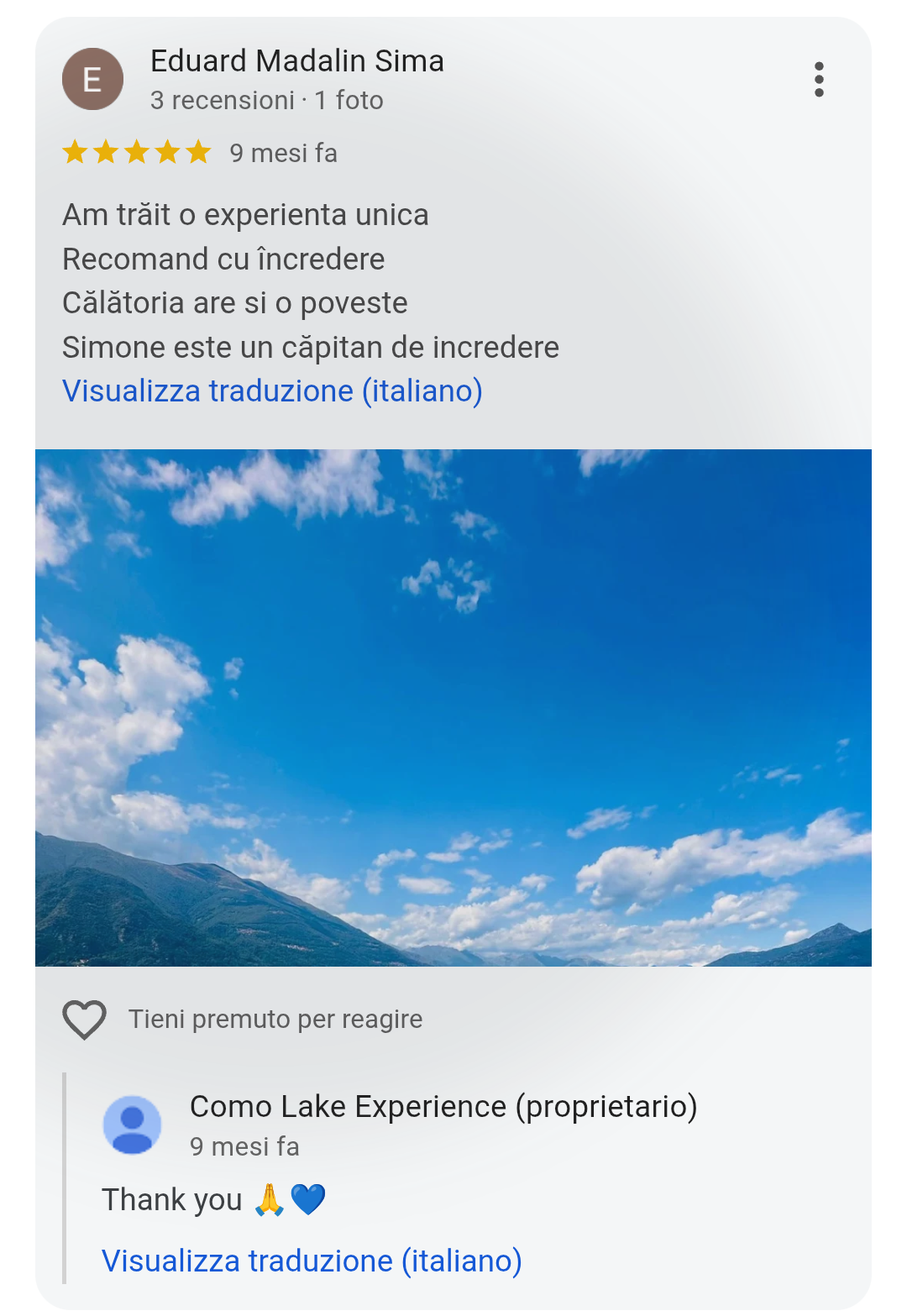 5-star Google review from Eduard Madalin Sima for Como Lake Experience private boat tours