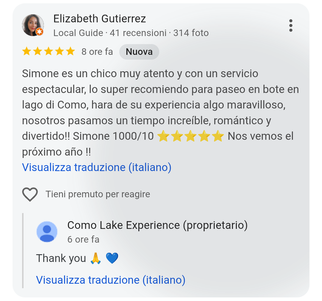 5-star Google review from Elizabeth Gutierrez — Como Lake Experience
