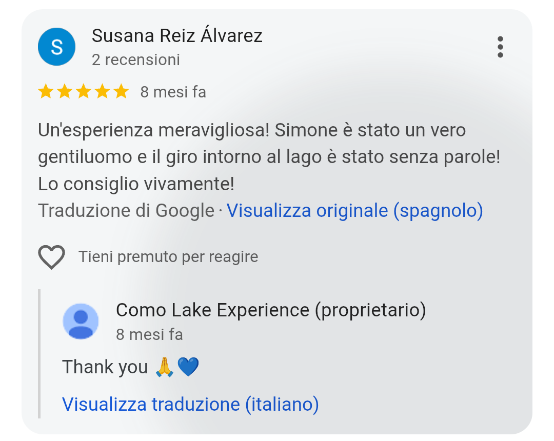 5-star Google review from Susana Reiz Álvarez for Como Lake Experience private boat tours