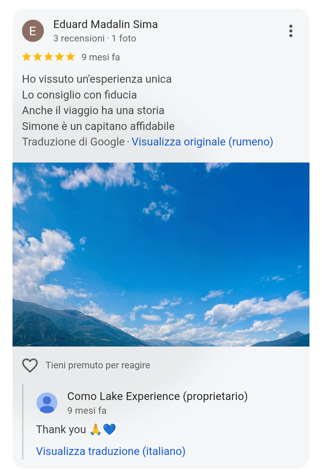 5-star Google review from Eduard Madalin Sima for Como Lake Experience private boat tours